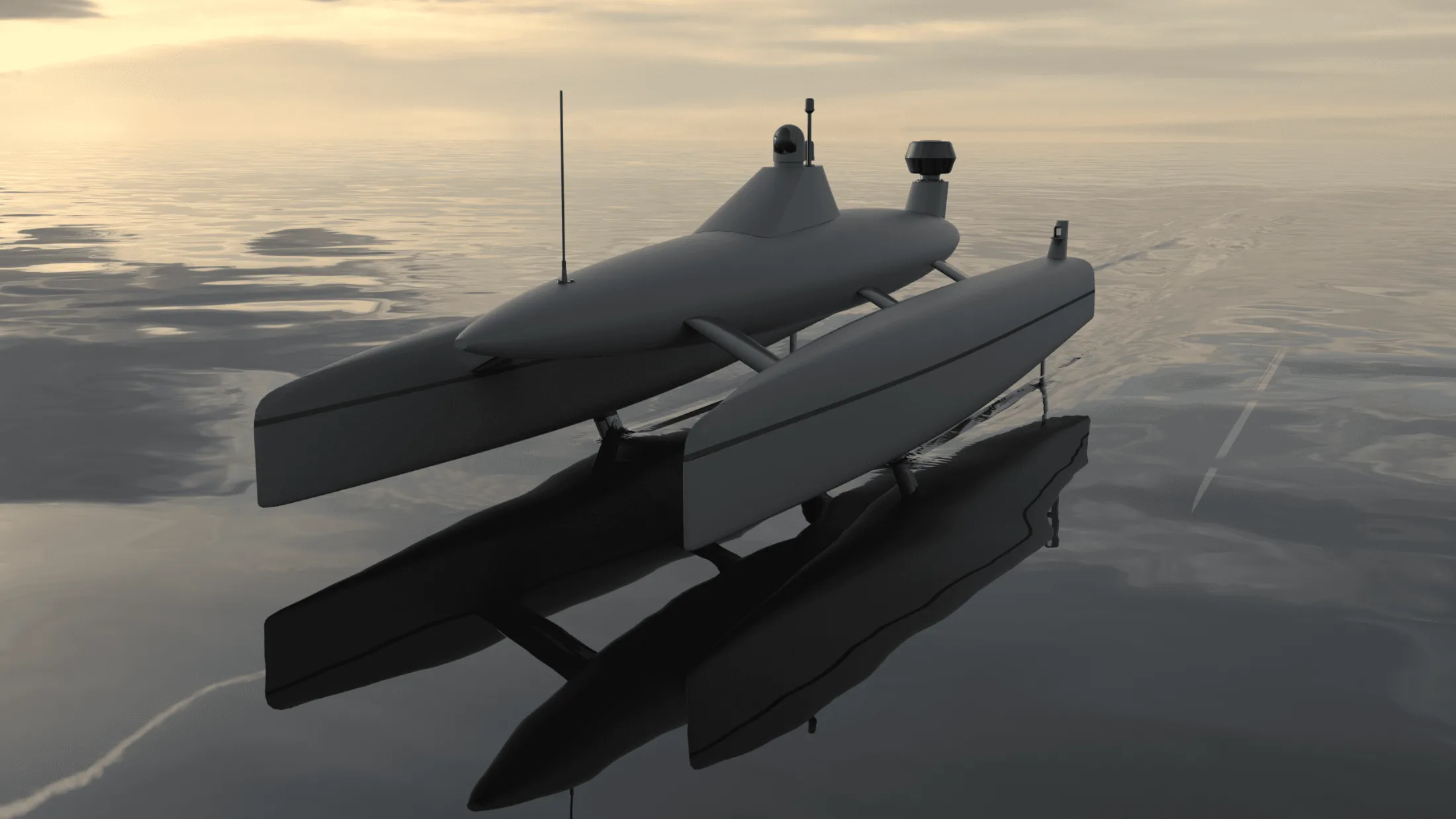 Render of a dark grey hydrofoil vessel at dusk